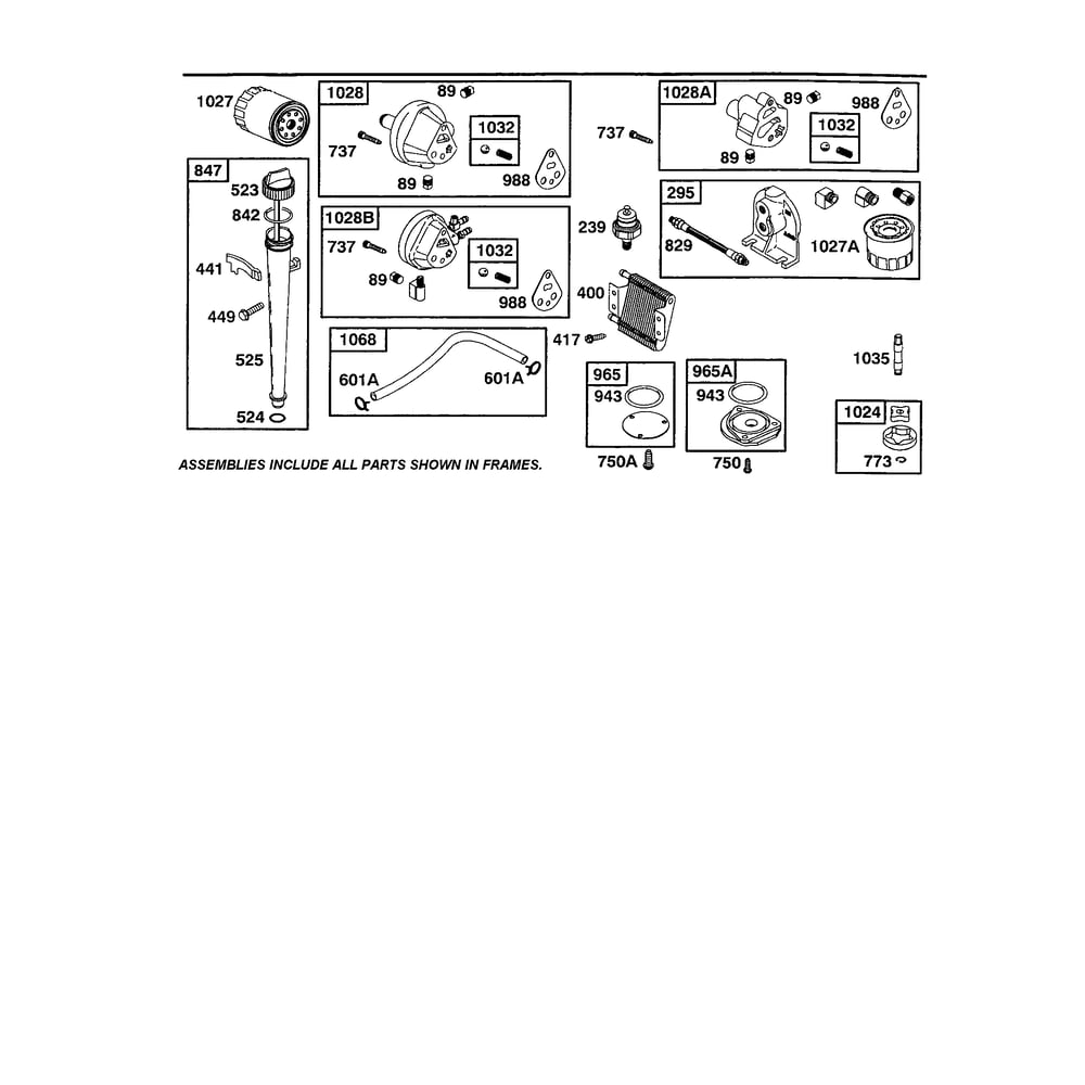 Oil Filter And Pump Adapter Diagram and Parts List for 422700TO422799  Briggs and Stratton Engine